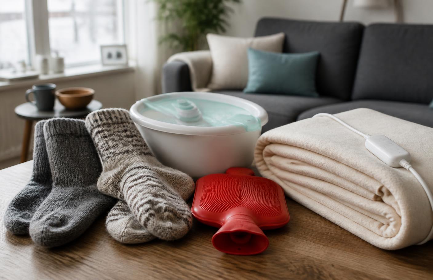 Wollsocken, Wärmflasche, Fußbad und Heizdecke im Vergleich