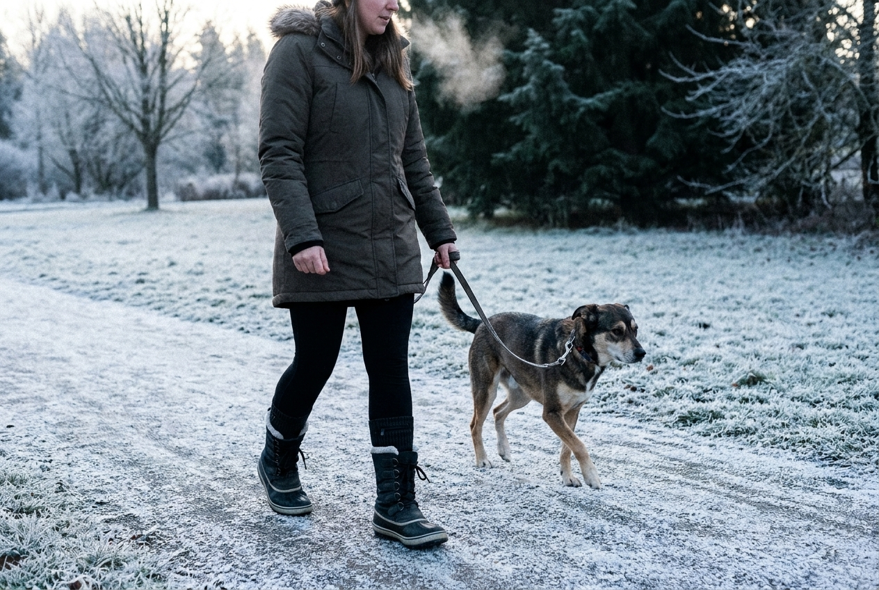 Frau mit Hund bei Frost auf Winterrunde in Winterstiefeln mit beheizten Socken